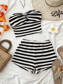 Tween Girls Tank Top Co-Ords 2pcs/Set Vacation Active Red & White Striped Texture Twist Bandeau Top And Super Short Casual Pants, Party, Casual Beach Holiday - Black and White - View 1