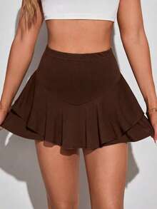 SHEIN Tall Women's Solid Color Ruffle Hem Skort, Tall Women - Brown - View 7
