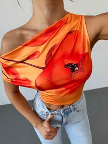 Firerie Elegant Women's Orange Floral Asymmetric One Shoulder Short Sleeve Cropped T-Shirt,Boho Summer Top For Beach Vacation,Holiday,Afternoon Tea Crop Top - Multicolor - View 5