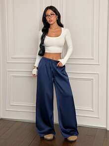 SHEIN PETITE 女士低腰休闲复古缎面百搭棕色美拉德色长裙 - 藏蓝色 - 查看 3