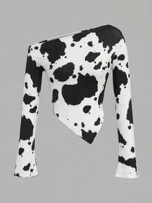 SHEIN ICON 1件装 女式西部风 Y2K 服装 节日 90 年代服装 假日嬉皮风 西部斜肩长袖印花T恤，简约时尚休闲日常穿着 - 黑與白 - 查看 4