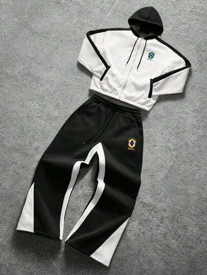 PAVTROS Contrast Color Drawstring Long Sleeve Zipper Casual Fashionable Versatile Hoodie Set