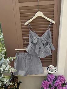 Comfortcana 女士休闲黑白千鸟格印花吊带背心和短裤两件套 - 黑與白 - 查看 2