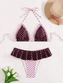 Swim Mod Bộ 2 món đồ bơi nữ mùa hè đi biển, họa tiết chấm bi đen trắng ngẫu nhiên, kiểu bikini buộc dây cổ sau, quần bơi xếp ly. - Nhiều màu - Xem 4