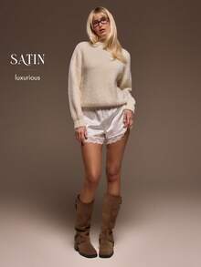 MUSERA Elasticated Satin Pull On Lace Trim Shorts Cute Summer Vacation Boho Cute Sunday Best Valentines Day Pants Spring Holiday - White - View 6