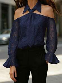 EMERY ROSE Blusa elegante de encaje con hombros descubiertos y mangas con volantes para mujer, incluye lazo, apta para primavera, verano y otoño - Azul Marino - Ver 6