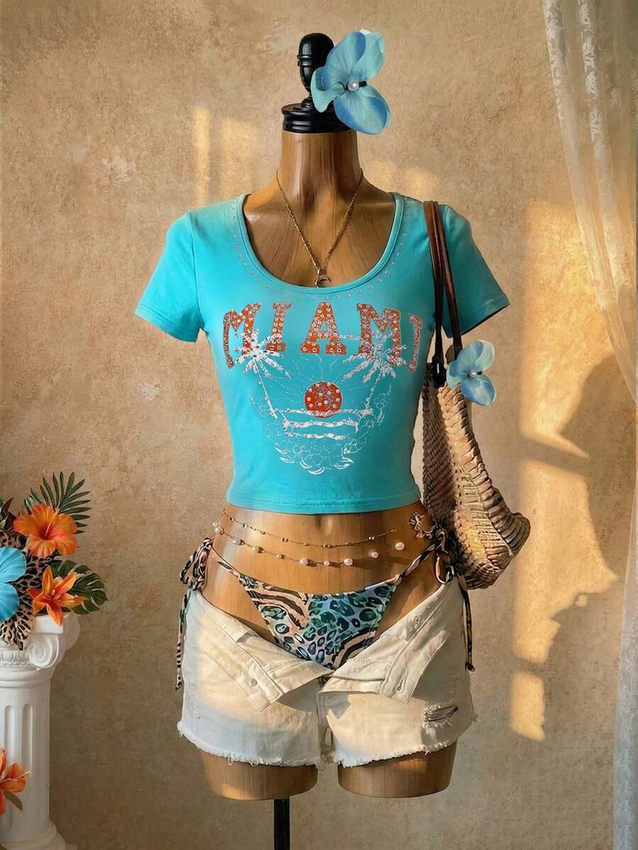 SaltGleam SaltGleam Casual Women's Blue Knitted Crop Top With Short Sleeves Scoop Neck Plant Print - Blue - View 1