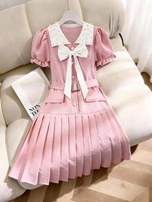 SHEIN Tween Girls Pleated Bow Textured Fabric Dress - Pink - View 3