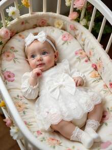 SHEIN Newborn Baby Girl White Lace Romper Dress With Headband,Summer Birthday Party Formal Baptism Christening Outfit,Infant Photography Bowknot Clothes - White - View 4