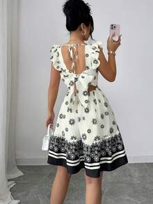 SHEIN Elenzya 女士春夏优雅时尚黑白印花吊带连衣裙，荷叶边装饰，腰间系带，A字短款波西米亚风，适合温泉度假、海滩旅行、休闲度假、户外音乐节、约会聚会、日常休闲居家穿着 - 黑與白 - 查看 2