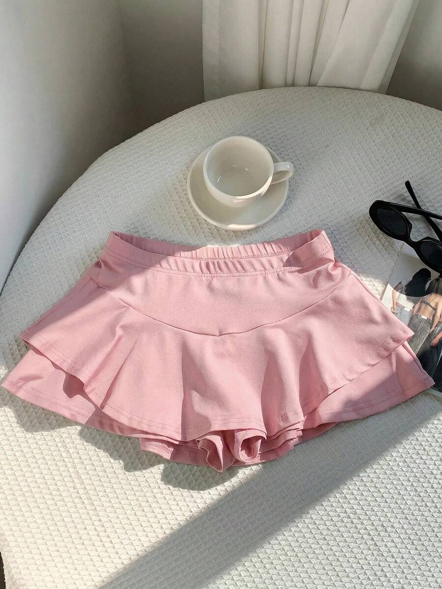 SHEIN EZwear 女士纯色弹力腰荷叶边阔腿短裤,浅粉色 - 藕粉色 - 查看 1