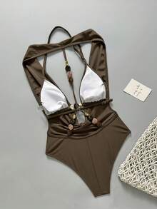 Bonvoyette Conjunto de playa para mujer - Diseño con escote profundo en V, parte superior de bikini con detalles calados y cuentas, espalda descubierta. Elegante, minimalista y con estilo de resort. Traje de baño de una pieza o conjunto de bikini de dos piezas - Marrón - Ver 2