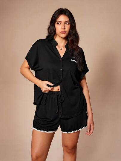 Lazeform Chic Autumn Soft Knit Fabric Cardigan With Button & Lace Patchwork, Fashionable Casual Plus Size Loungewear & Pajama Set