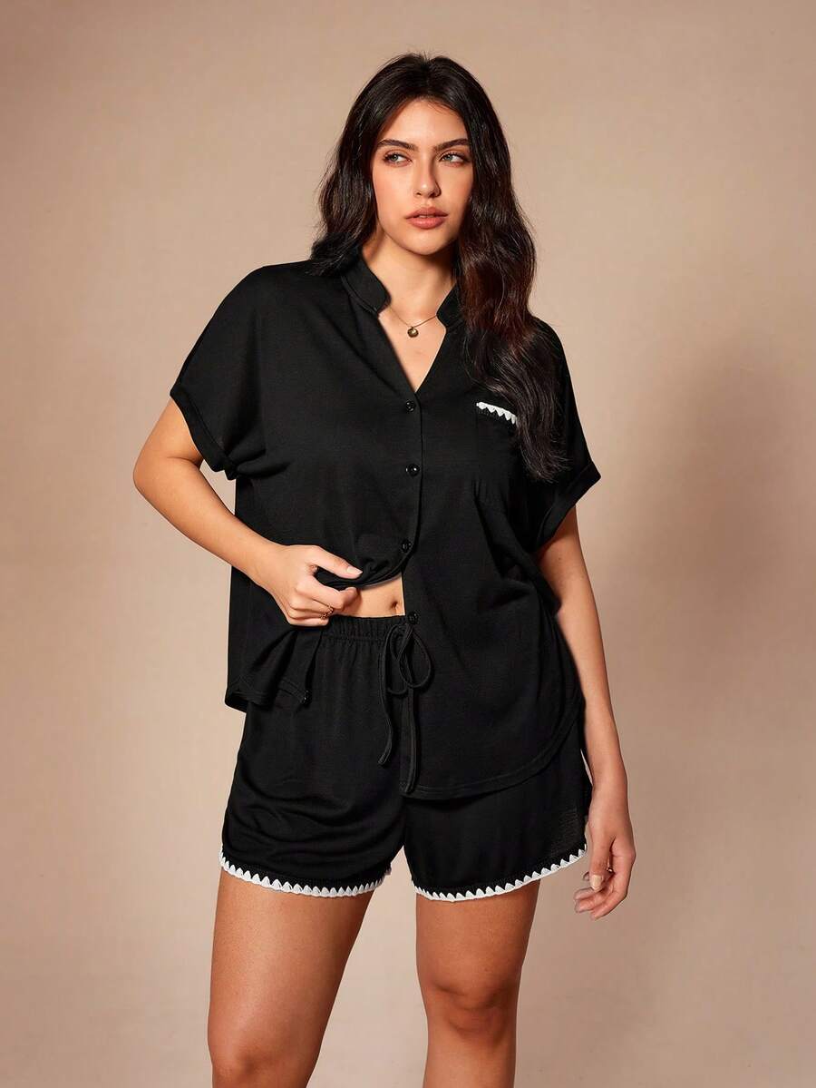 Lazeform 时尚秋季柔软针织开衫，饰有纽扣和蕾丝拼接，时尚休闲加大码家居服睡衣套装 - 黑色 - 查看 1