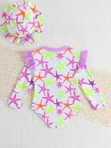 Baby Girls Star Print Swimwear,Long Sleeve Rash Guard Suit With Sun Hat,2pcs Neon Cartoon Starfish One Piece Swimsuit For Summer,Holiday,Beach Wear - Multicolor - View 2