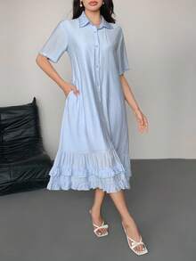 DAZY 优雅拼布荷叶边下摆宽松翻领中长连衣裙，适合女士，夏季，休闲女装 - 藍色 - 查看 3