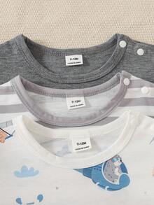 Playful Pals 3件套幼儿男童可爱印花+条纹+纯色柔软舒适连体衣套装，适合居家、户外运动、派对等场合。 - 彩色 - 查看 4