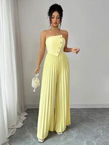 SHEIN Elenzya Cream Yellow Strapless Button-Up Jumpsuit, High Waist Pleated Wide Leg Pants, Elegant Mature Vibe Romper For Parties & Dates - Yellow - View 6