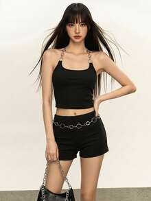 Rina Fox American Hot Girl Metal Chain Cami + Black Slim Shorts Two-Piece Set - Black - View 1