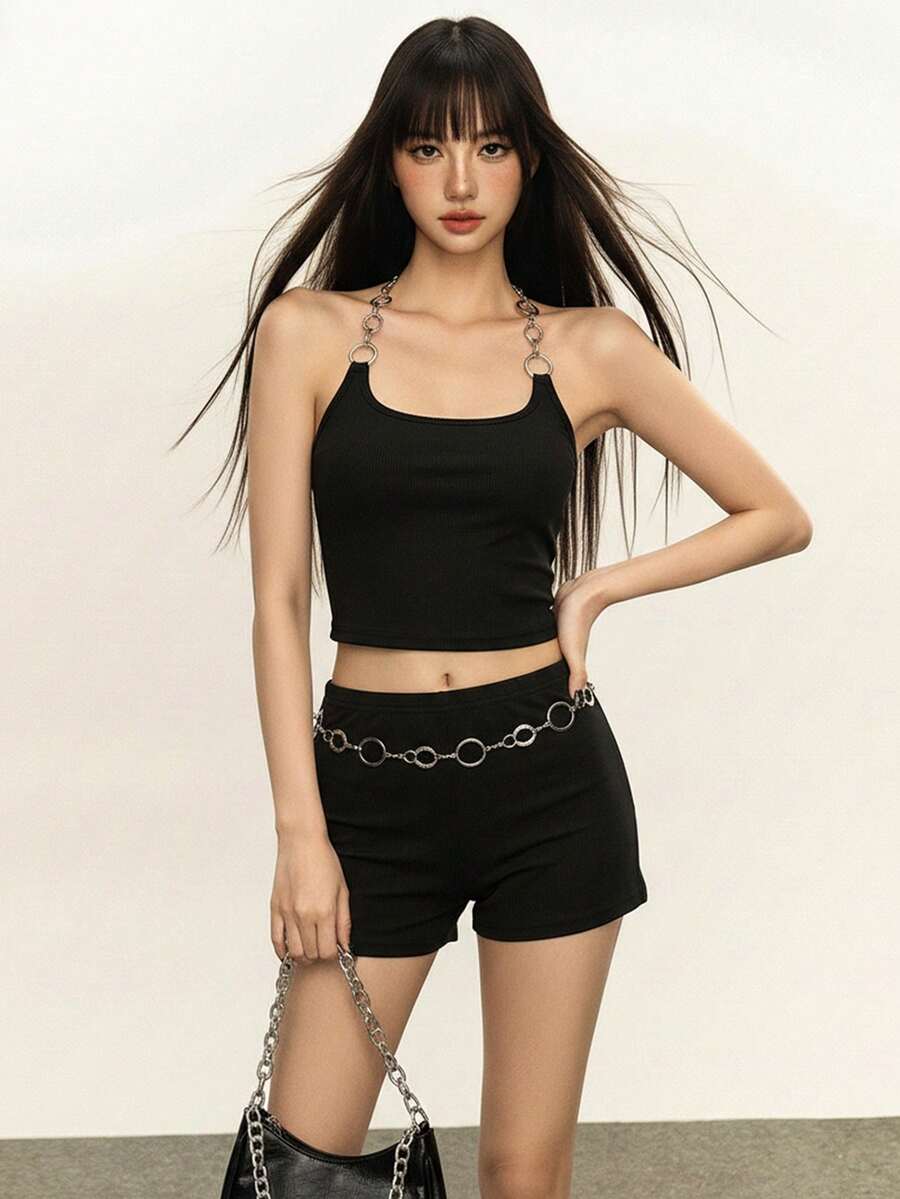 Rina Fox American Hot Girl Metal Chain Cami + Black Slim Shorts Two-Piece Set - Black - View 1
