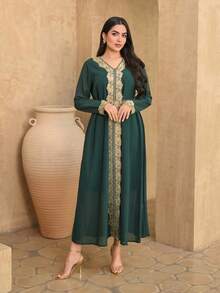DAZY Women's Elegant Contrast Color Lace Patchwork V-Neck Belted Long Dress, Spring/Summer,Wedding Guest Dress Women Sundress - Dark Green - View 4