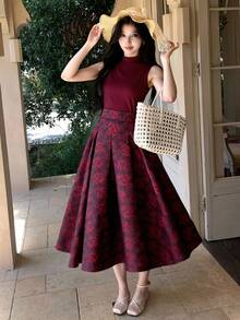 DAZY 女士优雅高领无袖上衣和A字印花半裙两件套，夏季婚礼宾客礼服 - 酒紅色 - 查看 4