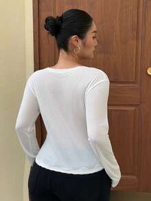 Dazy Plus Tight-Fitting Contrast Lace Frill Trim Long Sleeve White Casual T-Shirt, Versatile For Spring/Summer - White - View 7
