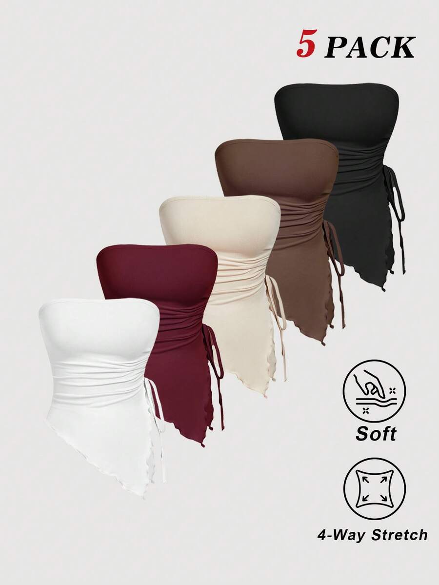 SHEIN MOD 5件装女士纯色褶皱不对称下摆扭结前片抹胸上衣，时尚百搭，适合约会、外出、春夏、节日、乡村、舞会、可爱、外出、Y2K风格、日常穿着、派对、休闲、时尚，5件装，适合女性海滩度假、情人节等场合。 - 彩色 - 查看 1