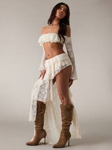 SHEIN BAE Women's Cream Western Music Festival Boho Lace Cropped Top And Asymmetrical Sexy Layered Lace Ruffle Hem Mini Skirt/Music Festival Set/Party Set/Sexy Set/Carnival Set/Western Set/Club Set/Cowgirl Boho Two Piece Set Festival Two Piece Outfit Boho Chic Clothes Cowgirl Outfits For Women Sexy - Apricot - View 6