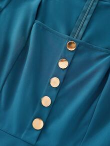 SHEIN Franclia 优雅百搭休闲通勤藏蓝色纽扣装饰收腰中长连衣裙，适合春夏穿着 - 藍色 - 查看 4