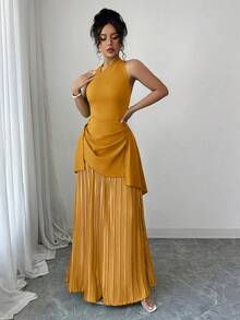 Elenzga Đầm trễ vai xếp ly thanh lịch, kiểu dáng nghỉ dưỡng. - Màu vàng - Xem 5