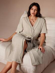 Lazeform Áo choàng dài tay ngắn có túi, chất liệu dệt kim jacquard kẻ sọc, dành cho nữ, cỡ lớn. - Màu be - Xem 6