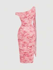 SHEIN MOD Women's Elegant Floral Print Asymmetrical Neck Ruffle Fitted Vacation Dress, Summer,Pink Dress - Pink - View 2