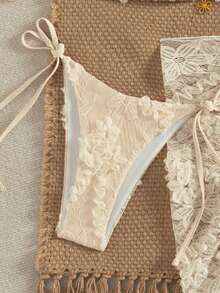 Swim Mod 3-Piece Set, Spring/Summer Vacation Floral Textured Fabric Gold Floral Decor Halter Triangle Bra, Side Tie Bikini Bottoms And Sarong Skirt Sexy Women Swimwear 3-Piece Set Lace Bikini Top Lace Sarong Beach Cover Up Set Bikini Top Bikini With Cover Up Beaded Bikini Top Seashell Outfit Festival Two Pieces Outfit Women Vacation Outfit Sets Bikini Top Cover Up Women's Beach Outfits Women's Holiday Co Ord Bikinis Set For Women With Cover Up - Multicolor - View 6