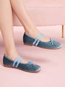 CUCCOO DOLLMOD Gentle Blue Velvet Ballet Shoes, Daily Commuting Flat Mary Jane Shoes Valentine's Day - Baby Blue - View 4