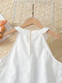 Tween Girls' Summer Hollow-Out Embroidery Backless Spaghetti Strap Sleeveless Dress, Suitable For Vacation & Beach Wear - White - View 3