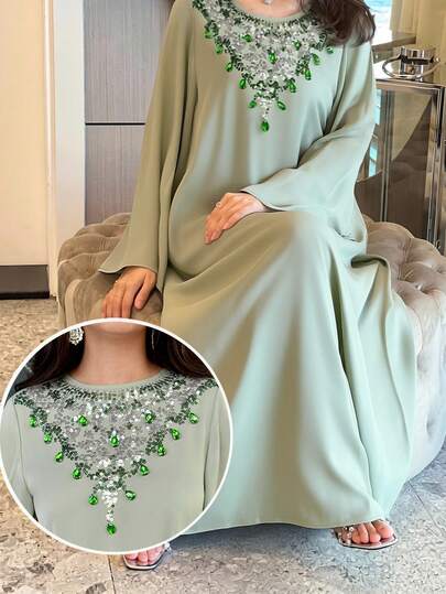 Al Najma Women's Elegant Rhinestone Decor Round Neck Flare Sleeve Arabic Style Dress, Autumn