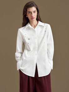 Ontre 2026春夏女士象牙白仿丝亲肤柔软面料衬衫，宽松翻领长袖前襟纽扣，饰有水钻，简约都市时尚商务休闲办公装，婚礼宾客，简约优雅设计师系列，舒适抗皱面料，四季皆宜，情人节、优雅复古邮轮婚礼宾客衬衫 - 白色 - 查看 7