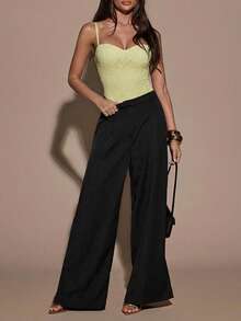 SHEIN BAE Áo liền thân ren không tay, dây mảnh, màu trơn dành cho nữ, dáng ôm sát và gợi cảm. - Vàng nhạt - Xem 4