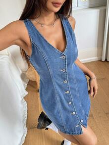 Rivivi 女士夏季休闲前扣无袖牛仔连衣裙 - 中等水洗藍 - 查看 7