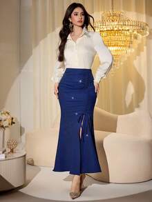 Modelyn Women's Blue Unique Design Bodycon Mermaid Hem Slit Pleated Skirt - Blue - View 7