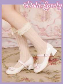 Dola Lovely 女士白色和粉色漆皮圆头蝴蝶结系带玛丽珍鞋，甜美可爱，日常通勤百搭粗跟高跟鞋 - 白色漆皮 - 查看 4