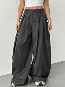 SHEIN Tall 女士夏季复古返校休闲嬉皮街头宽松黑色背带裤，高个秋冬款式 - 灰色 - 查看 7