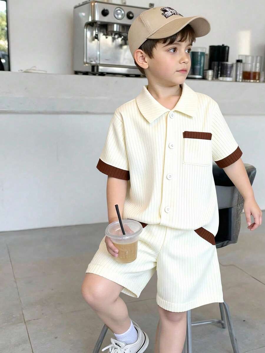 Genkimix Kids 2件組小男孩紋理布料拼接配色開襟衫與短褲套裝 夏季男孩套裝 - 杏色 - 查看 1