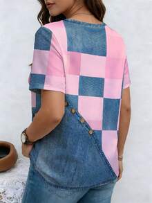 EMERY ROSE Áo thun tay ngắn cổ chữ V phối họa tiết chắp vá, kiểu dáng thường ngày, cỡ lớn, thích hợp cho mùa xuân và mùa hè. - Nhiều màu - Xem 2