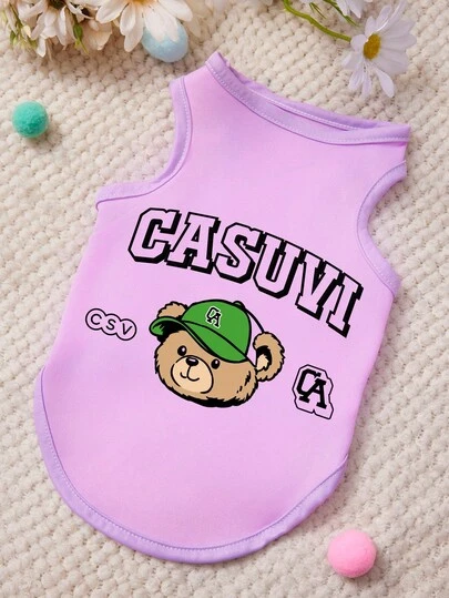 PETSIN 1 pieza Chaleco para mascotas de estilo deportivo con estampado de cabeza de oso y letra, ropa para mascotas de estilo casual en color morado