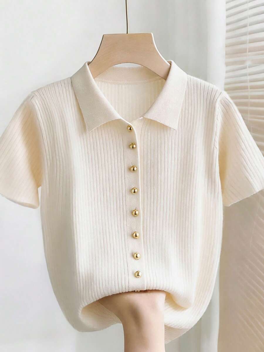 SHEIN Franclia New Summer Casual Loose Versatile Simple Daily Casual High-End Design Gentle Polo Shirt, Commuting Workplace Metal Button Office High-End Personalized Conservative Slim Fit Lady Neutral Minimalist Cardigan For Women Ribbed Shirt Preppy Tops Button Up Top Cream Blouse Tops Cute