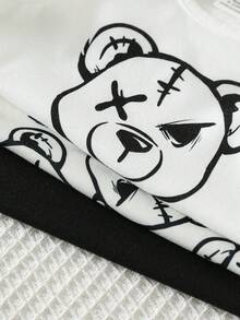 SHEIN Set de 3 piezas de ropa interior básica para bebé niño con chaleco y pantalones cortos con diseño de rayas y estampado de dibujos animados para el verano y vacaciones - Multicolor - Ver 8