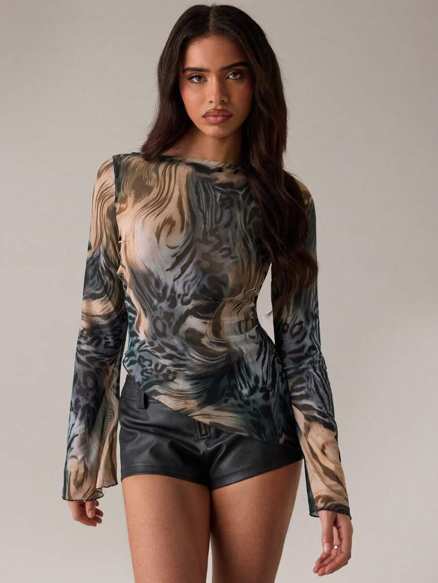 SHEIN BAE Spring/Summer Music Festival Rave Party Mesh Knit Zebra Print Animal Pattern Long Sleeve Flare Sleeve Top, Suitable For Music Festival, Concert, Club, Party, Fashion, Animal Print, Vacation, Beach - Multicolor - View 1