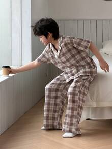DAZY Tween Boys' Plaid Minimalist Casual Short Sleeve Pajamas - Apricot - View 5